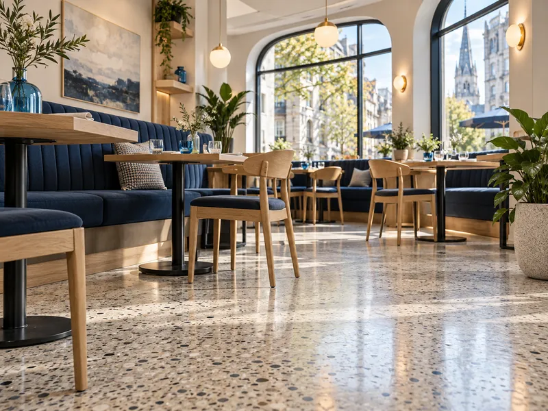 Illustration : une salle de café lumineuse aux banquettes bleu marine