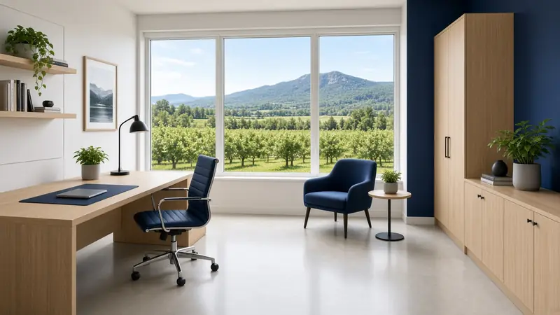 Illustration: a bright office overlooking a mountain and orchards