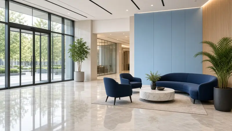 Illustration: a modern lobby with a navy banquette and plants