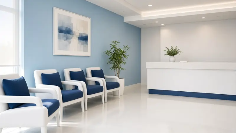 Illustration: a white waiting room with navy armchairs and a reception desk