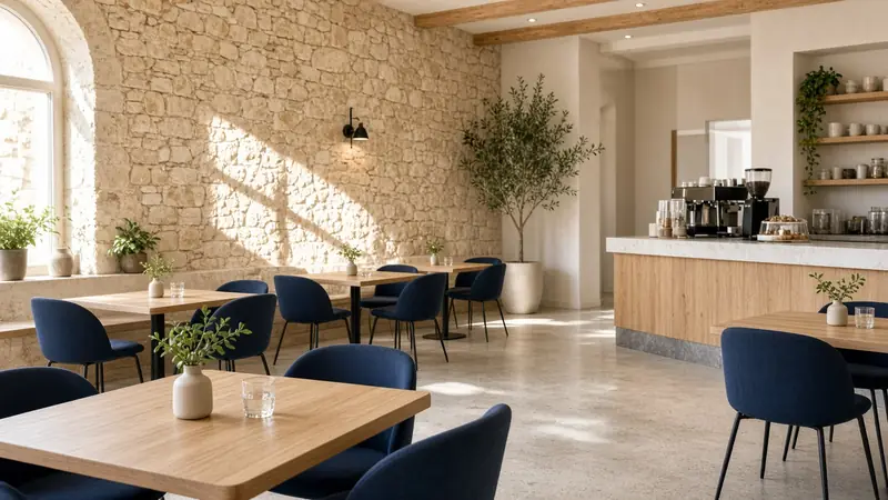 Illustration: a café with a stone wall, wooden tables and navy chairs