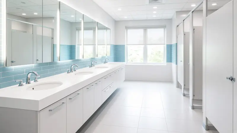 Illustration: a clean commercial washroom with a row of sinks