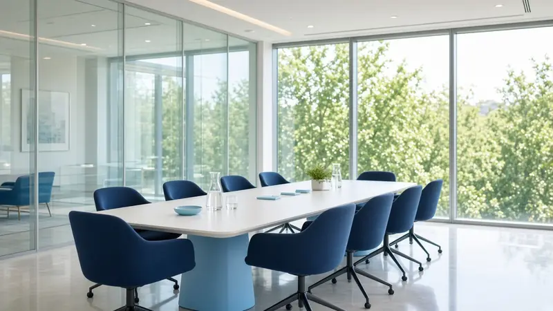 Illustration: a glass-walled meeting room with navy chairs