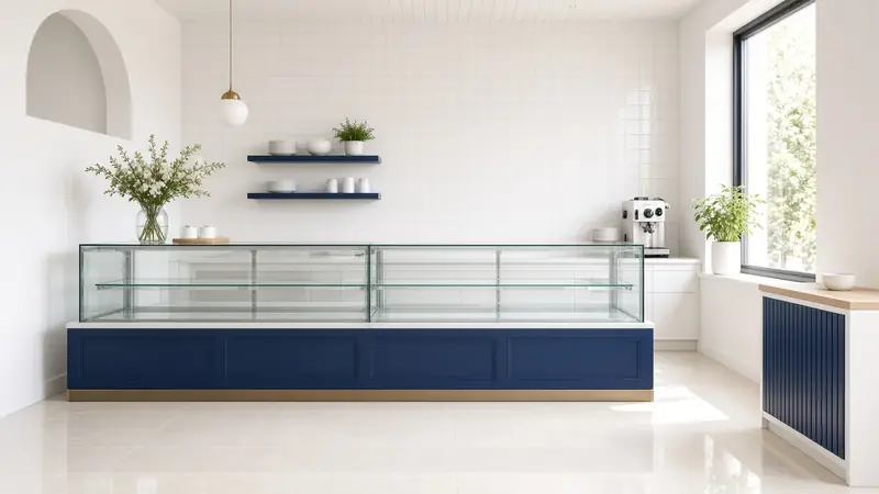 Illustration: a shop counter with a refrigerated display case