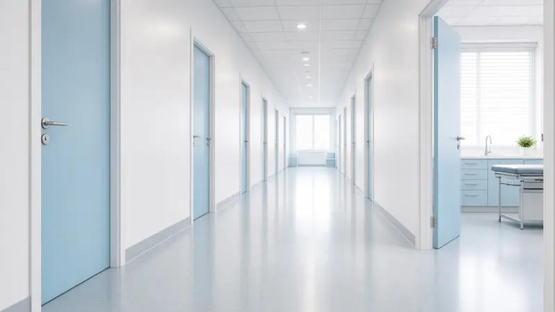 Illustration: a long clinic corridor with a gleaming floor