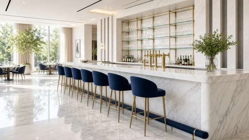 Illustration: a marble bar counter with navy stools