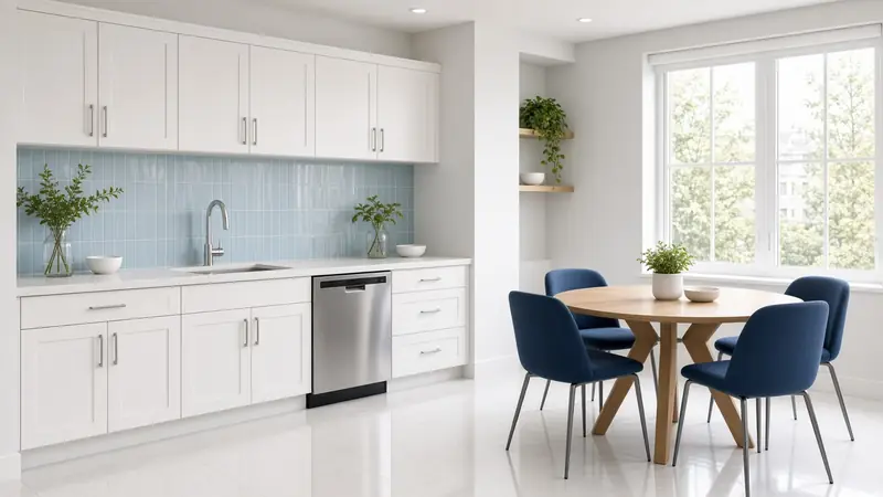 Illustration: an office kitchenette with a table and navy chairs