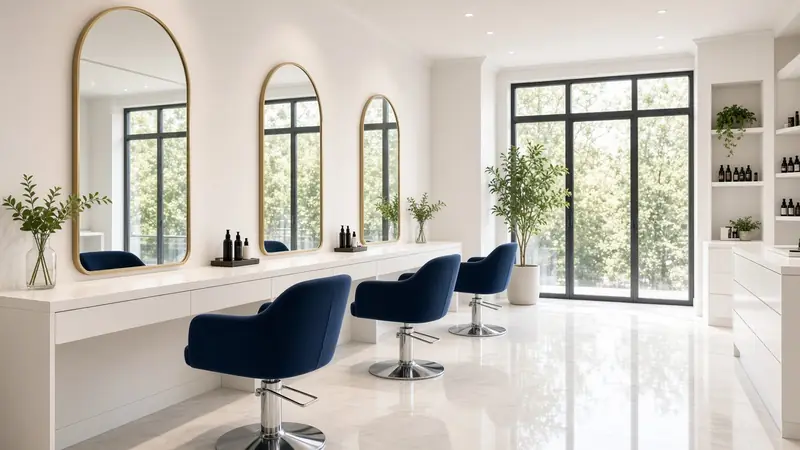 Illustration: a hair salon with arched mirrors and navy chairs