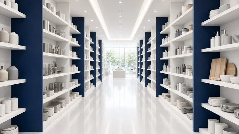 Illustration: a shop with white and navy shelving