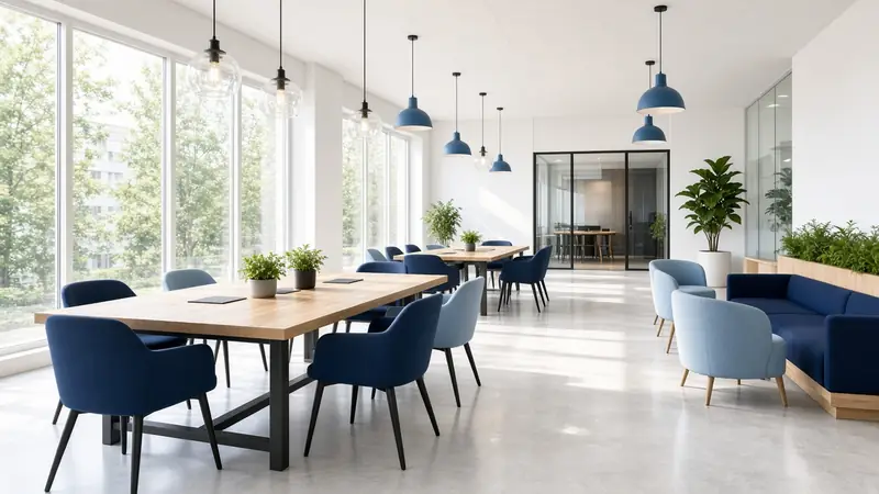 Illustration: a bright dining room with pendant lights and navy chairs